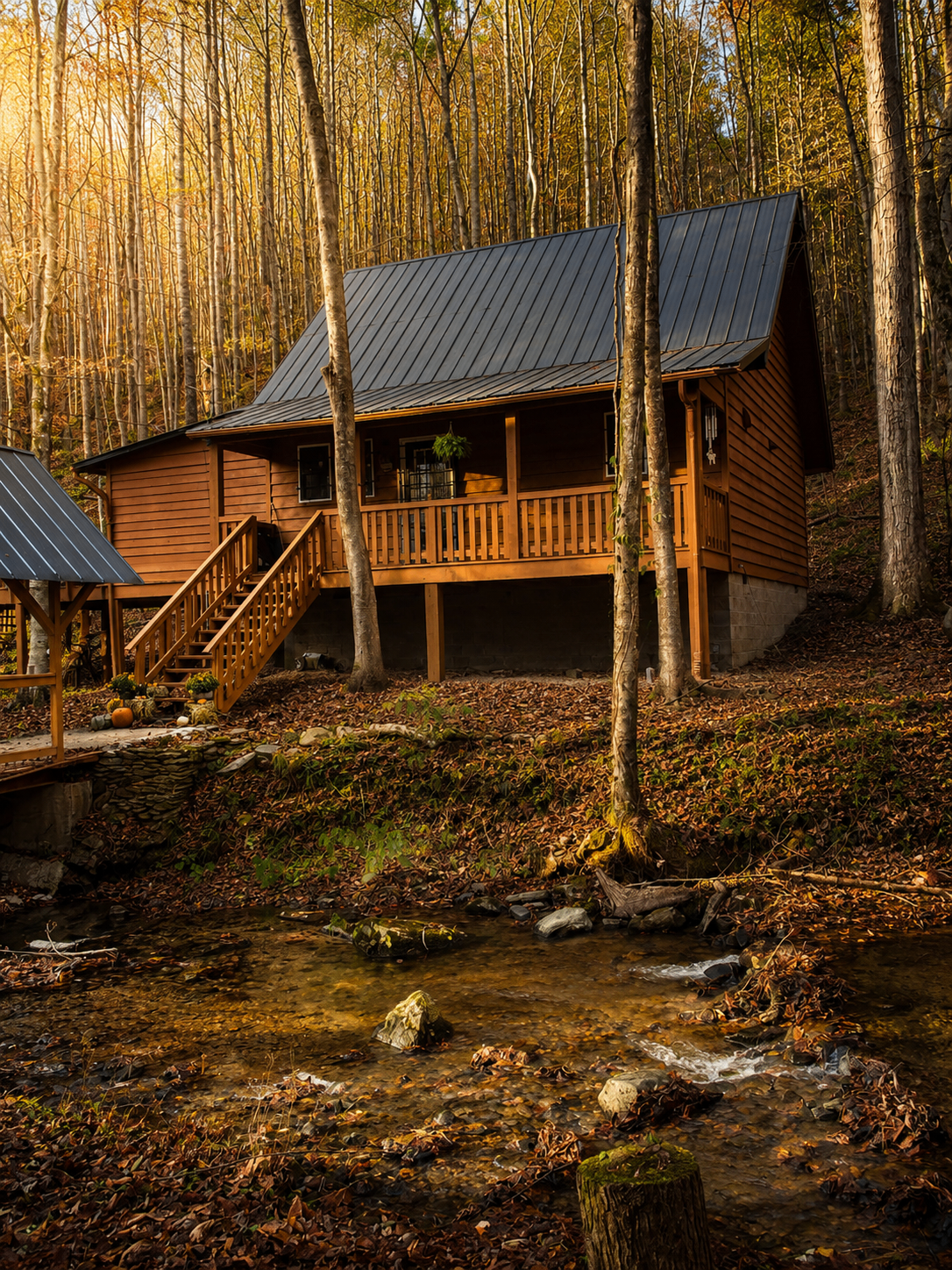 Mountain cabin lodge at dusk with adirondack chairs around a fire pit